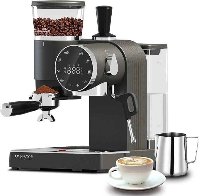 20 Bar Espresso Machine with Milk Frother, Programmable Expresso Coffee Machines with Adjustable Grinder Built in & 53 oz. Removable Water Tank for Espresso, Americano, Cappuccino and Latte