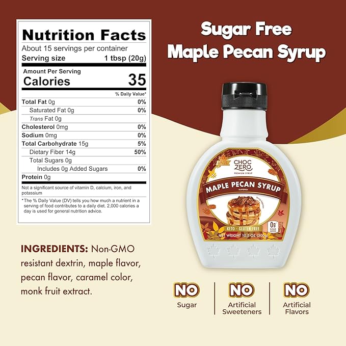 ChocZero Maple Pecan Syrup, Sugar Free, Low Carb, Sugar Alcohol Free, Gluten Free, No Preservatives, Non-GMO Dessert and Breakfast Topping Syrup, 10.5oz (Pack of 1)