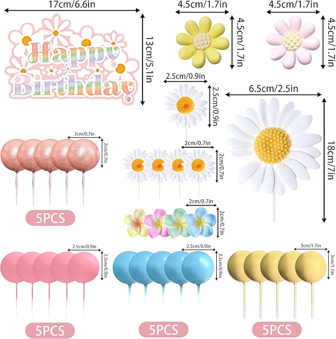33 PCS Daisy Cake Decor Daisy Flower Birthday Cake Cupcake Toppers Hippie Themed Cake Cake Toppers Boho Baby Shower Birthday Wedding Supplies