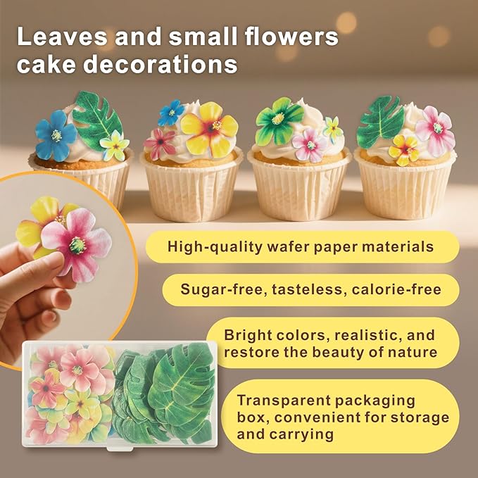 83 Pcs Edible Flowers Cake Decorations, Tropical Cupcake Toppers, Hawaiian Cake Decorations, Tropical Leaves & Edible Flowers for Hawaiian Birthday, Jungle Theme Birthday Party Decoration Supplies