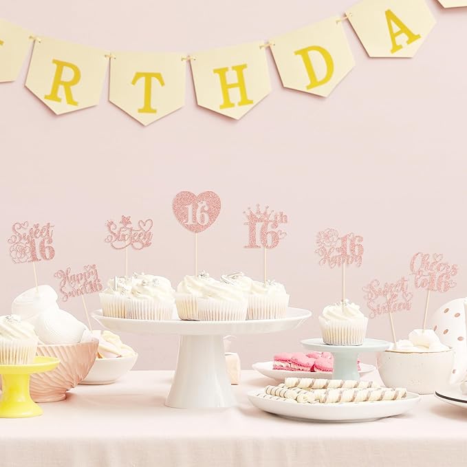 Sweet 16 Cake Topper - Sixteen Cupcake Picks Decorations 25 Pcs Pink Glitter Happy Sweet Sixteen Cake Toppers Rose Gold Party Cupcake Decor for 16 Years Birthday Party Decoration Supplies