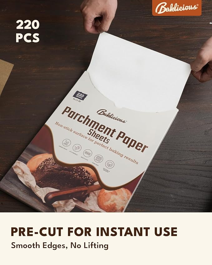220 Pcs 9x13 In Parchment Paper Sheets, Baklicious Pre-Cut Non-Stick Parchment Baking Paper for Air Fryer, Oven, Bakeware, Steaming, Cooking Bread, Cupcake, Meat, Cookies