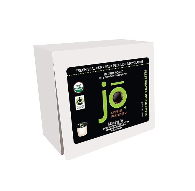 MORNING JO: 4 Cups Sampler, Medium Roast Organic Coffee for Keurig K-Cup Compatible Brewers, Fresh Seal Single Serve Cups, Velvety Sweet Breakfast Blend, Fair Trade Certified, Non-GMO, Gluten Free