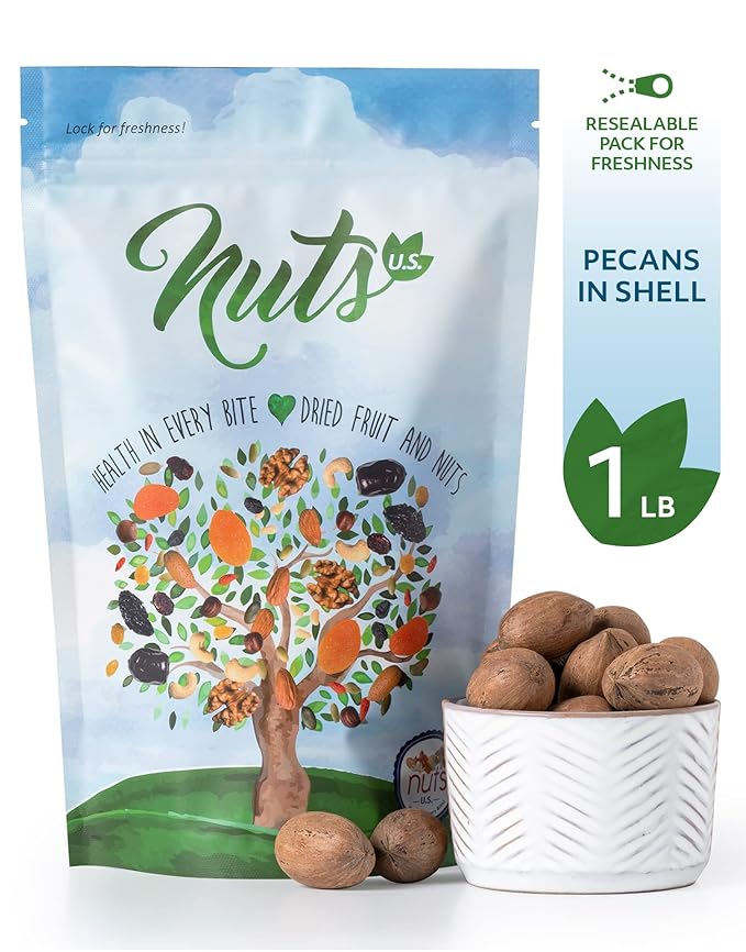 NUTS U.S. - Pecans In shell | Whole, Raw and Unsalted | No Added Flavor or Color | Fresh Buttery Taste and Easy to Crack | Natural Unshelled Pecans Packed in Resealable Bags!!! (1 LB)