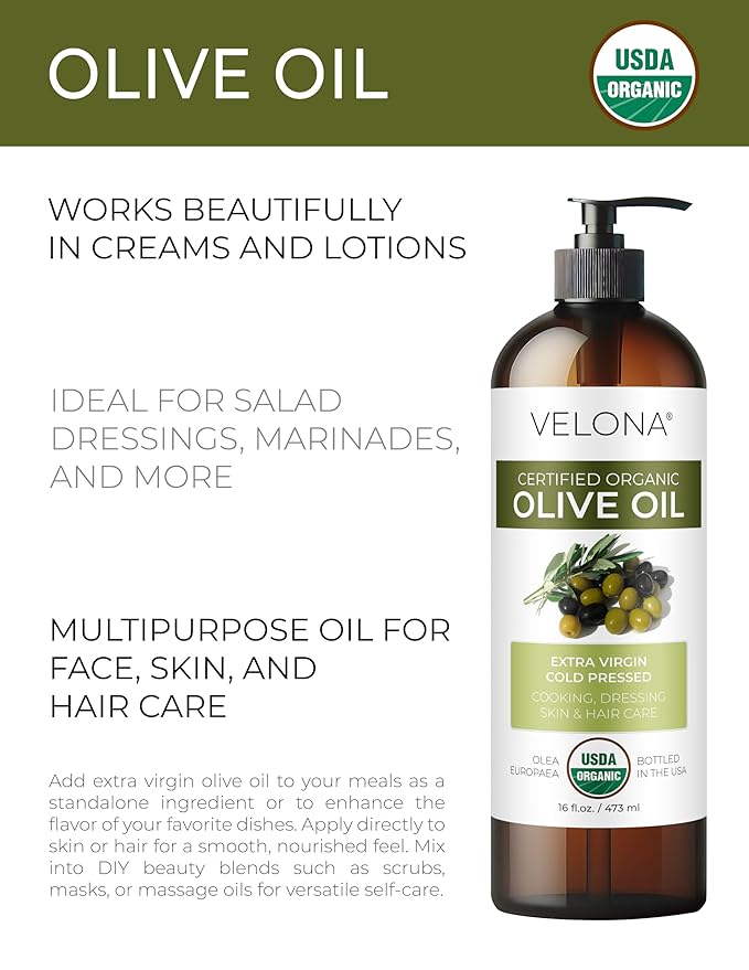 velona USDA Certified Organic Olive Oil - 16 Fl Oz | 100% Pure and Natural Carrier Oil | Extra Virgin, Unrefined, Cold Pressed | Cooking, Dressing, Face, Hair, Body & Skin Care | Use Today - Enjoy Results
