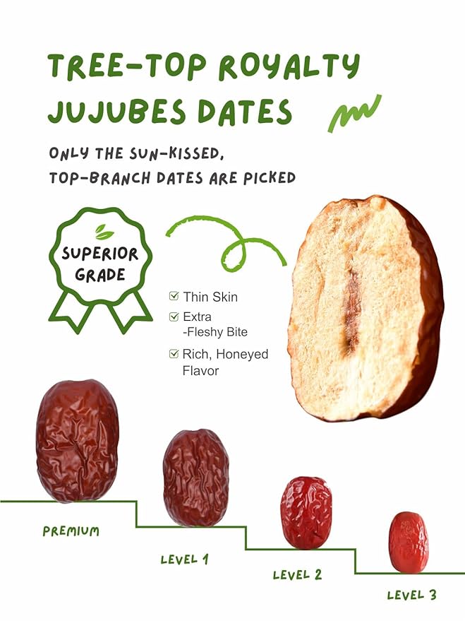 NatureBliss Premium Jujube Dates, Sun Dried Dates Fruit Snacks, Chinese Red Dates (Hong Zao), No Added Sugar, Non-GMO, Sweet Dried Jujube Fruit for Salad，Brewing Tea, Soup, Baking, Oatmeal, Large-size Jujubes (16 OZ / Pack of 1)