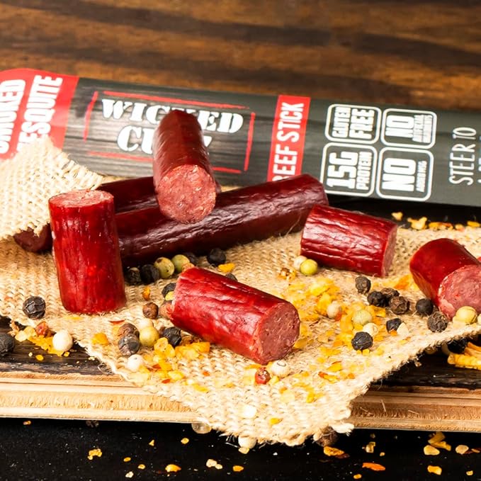 Wicked Cutz Smoked Mesquite Beef Sticks, 15g Protein Per Beef Stick, Tender & Juicy Extra Large Meat Stick, USA Made High Protein Meat Sticks, Carnivore Snacks (12 Pack)