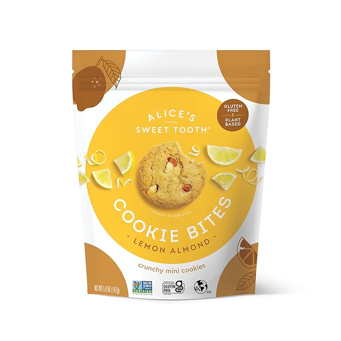 Alice's Sweet Tooth Lemon Almond Cookie Bites - Gluten-Free, Vegan, Crunchy Mini-Cookies - Plant-Based, Dairy-Free, Grain-Free, Soy-Free, Kosher ??5.0 ounces