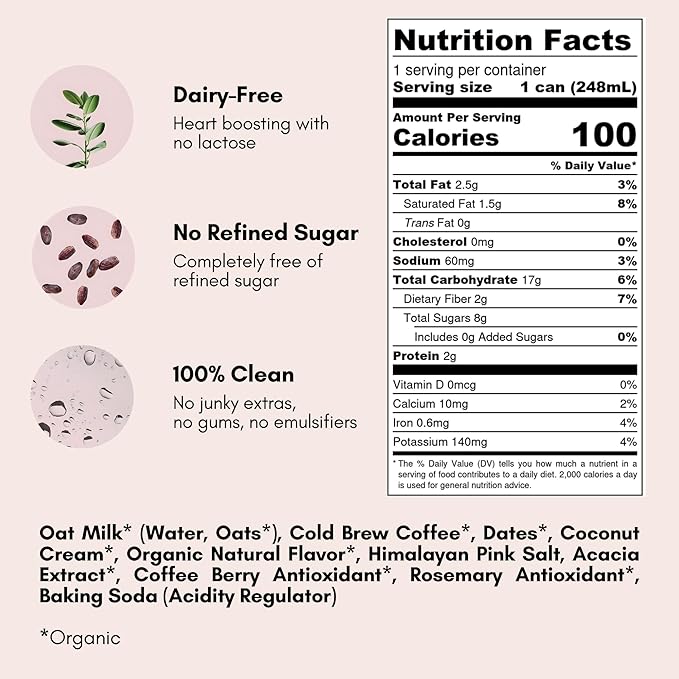 Pop & Bottle, Oat Milk Lattes - Cold Brew with Coffee Berry Antioxidants, MCT Oil, Organic, Dairy Free, Gluten Free, Great as Iced Coffee, Lightly Sweetened with Dates - Classic, 8 Fl Oz (12 Pack)