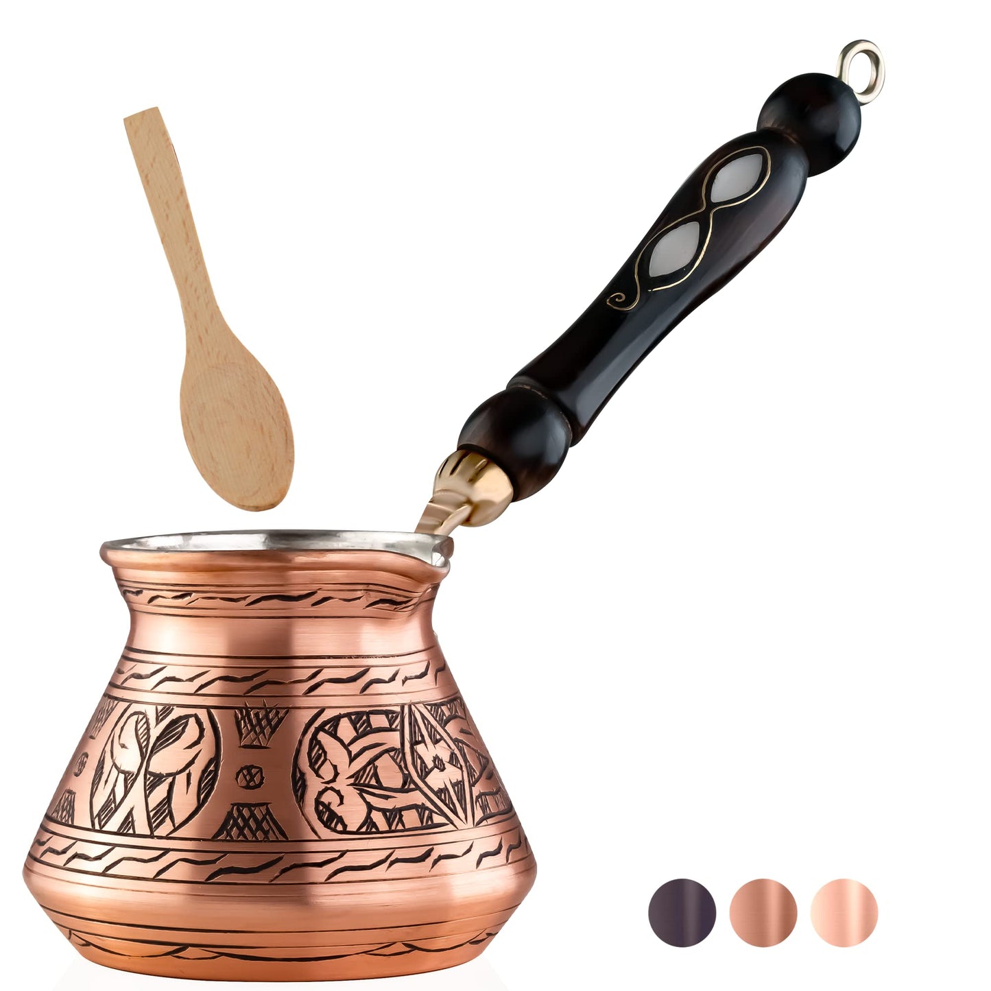 BCS 12 oz Handmade Copper Turkish Coffee Pot, Hand-Engraved Cezve & Spoon