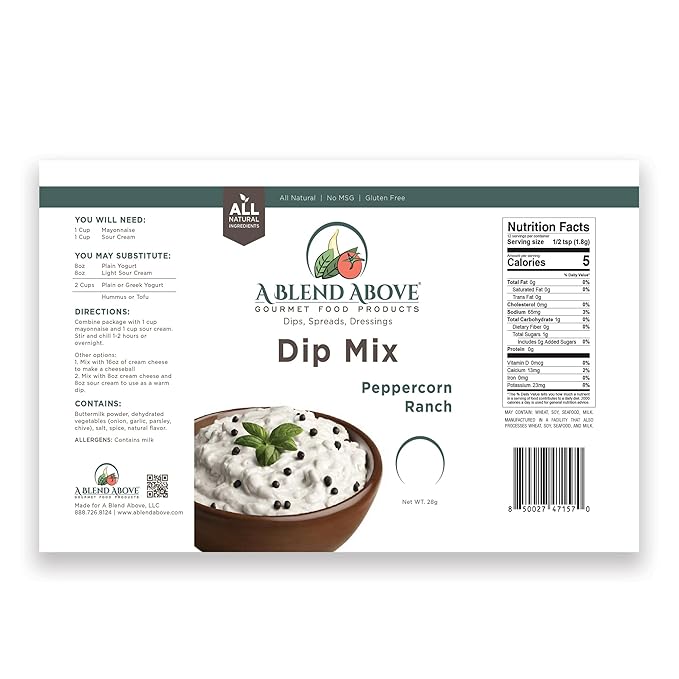 A Blend Above Peppercorn Ranch Dip Mix, 1oz, (3 Pack), Gluten-Free, No MSG, All Natural, No Preservatives, Vegetable Dip, Keto Friendly, Low Carb, Easy to Make