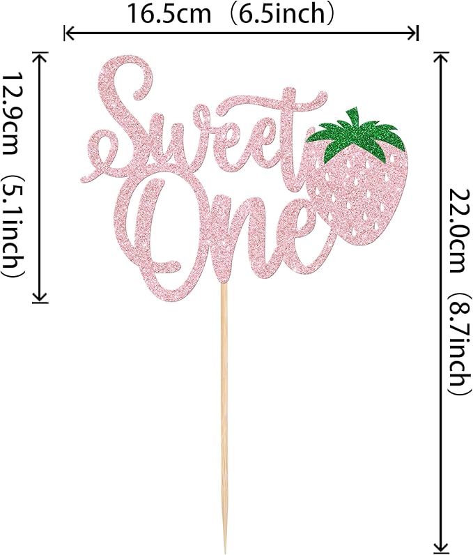1 Pack Sweet One Cupcake Topper Glitter First Birthday Strawberry Cake Pick for Fruit Baby Shower 1st Birthday Berry Sweet Cake Decorations For Birthday Party Supplies Pink