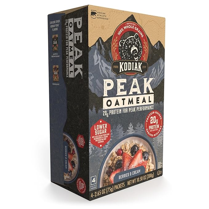 Kodiak Cakes Peak Instant Oatmeal Packets, Berries & Cream, High Protein,100% Whole Grains, 6 box with 4 packets each (Total of 24 packets)