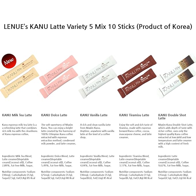 KANU Latte - Korean Maxim 3 in 1 Instant Coffee Variety Sample Packets with Gift Box Set, Camping Essentials, KANU Latte 5 Mix Combination 10 Sticks