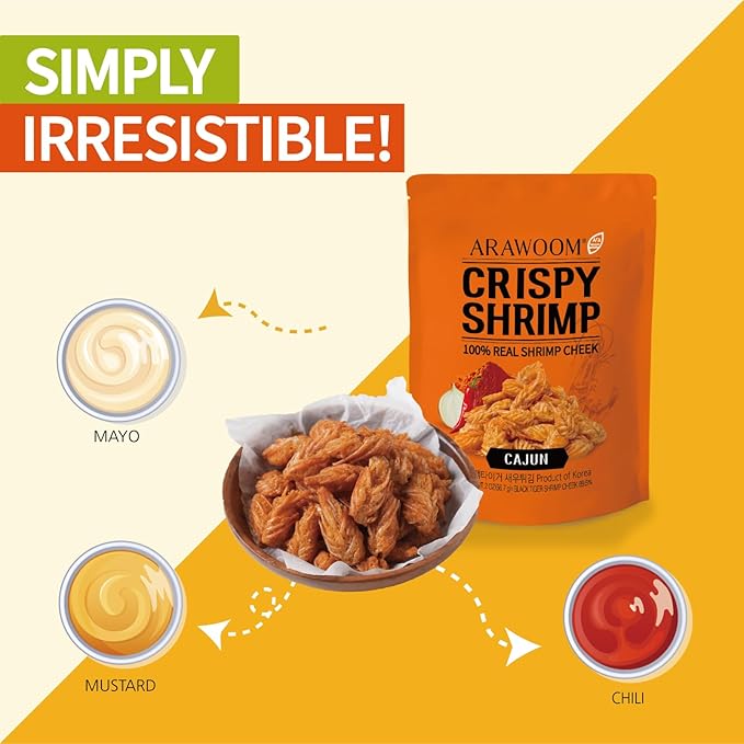 ARAWOOM - 100% Real Black Tiger Shrimp Head Crisps, Cajun Pack [2oz, Pack of 3], Crispy Seafood Snack, High-Protein Crunch, Crunchy On-the-Go Treat
