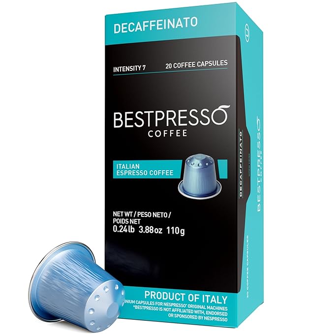 Bestpresso Coffee for Nespresso Original Machine 120 Aluminum pods Certified Genuine Espresso Decaffeinato Blend(Medium Intensity)Pods Compatible with Nespresso Original 60 Days Satisfaction Guarantee