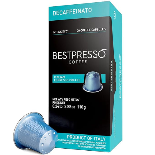 Bestpresso Coffee for Nespresso Original Machine 120 Aluminum pods Certified Genuine Espresso Decaffeinato Blend(Medium Intensity)Pods Compatible with Nespresso Original 60 Days Satisfaction Guarantee