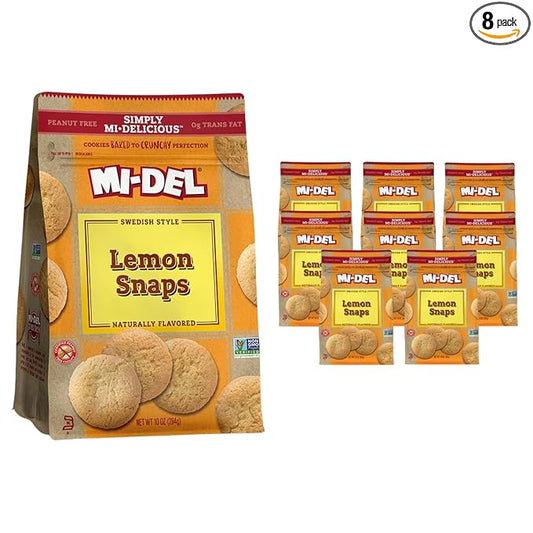 Mi-Del Lemon Snaps Cookies - Crunchy Lemon Cookies - Non-GMO Certified, 0g Trans Fat, Healthy Cookies (Pack of 8)
