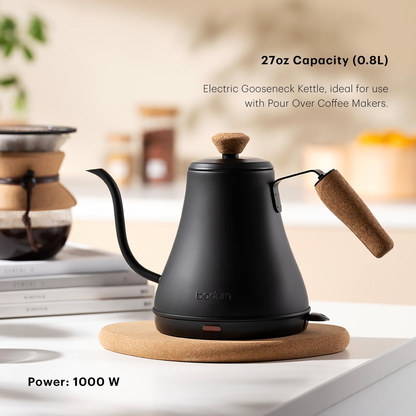 Bodum 27oz Bistro Gooseneck Electric Water Kettle, Pour Over Coffee & Tea, Stainless Steel, Matte