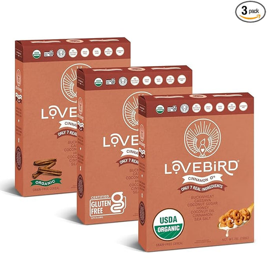 Lovebird Healthy Cereal That Actually Tastes Good - Organic & 100% Real Food, No Refined Sugar & Gluten Free Cereal, Paleo, Keto Friendly Healthy Snacks for Kids, Adults - [Cinnamon] [3-Pack]
