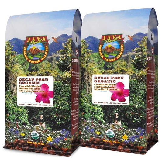 Low Acid Organic Coffee ??Whole Bean, Mold-Free & Stomach Friendly by Java Planet, Peruvian Single Origin Decaf Coffee, Water Process, Medium Dark Roast, Smooth Full Flavored, 2x1LB Bag