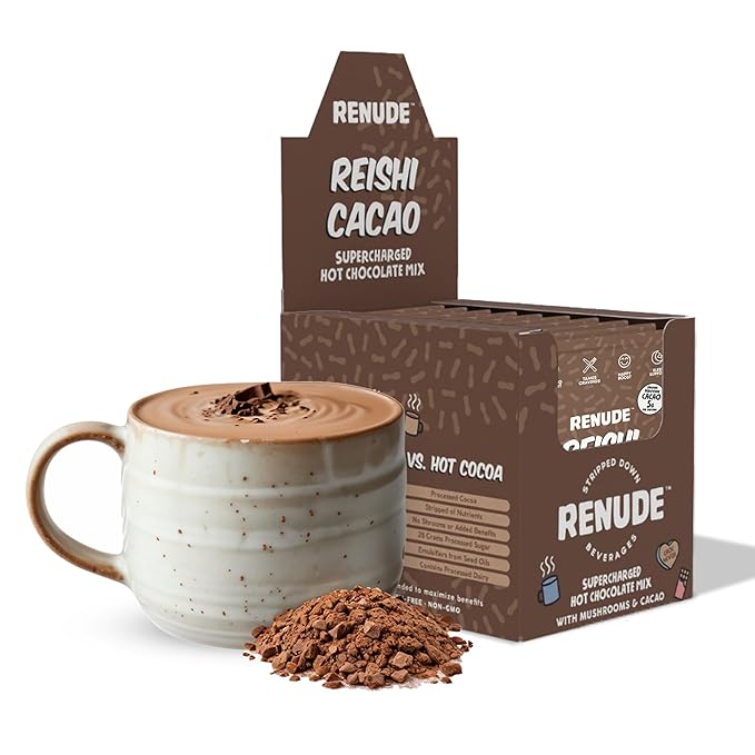 Renude Reishi Cacao – Mushroom Hot Chocolate Mix, Coffee Alternative with Magnesium, Organic Cacao Powder with Reishi for Sleep Support – 10 Servings