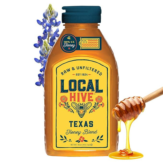 Local Hive Texas Raw Unfiltered Honey – 16 oz, 100% Pure US Honey, Sourced from American Bees and Beekeepers - Natural Sweetener, Ideal for Tea, Baking, and Cooking