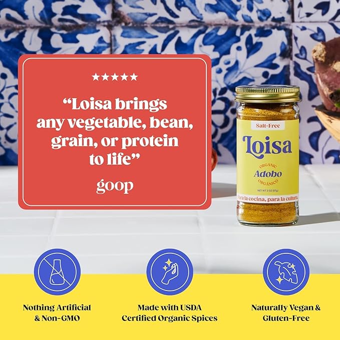 Loisa Seasoning, USDA Organic, Non-GMO, No-MSG, No Preservatives, No Artificial Coloring, No Artificial Flavors, 2.9oz (SALT-FREE Adobo 2 Pack)