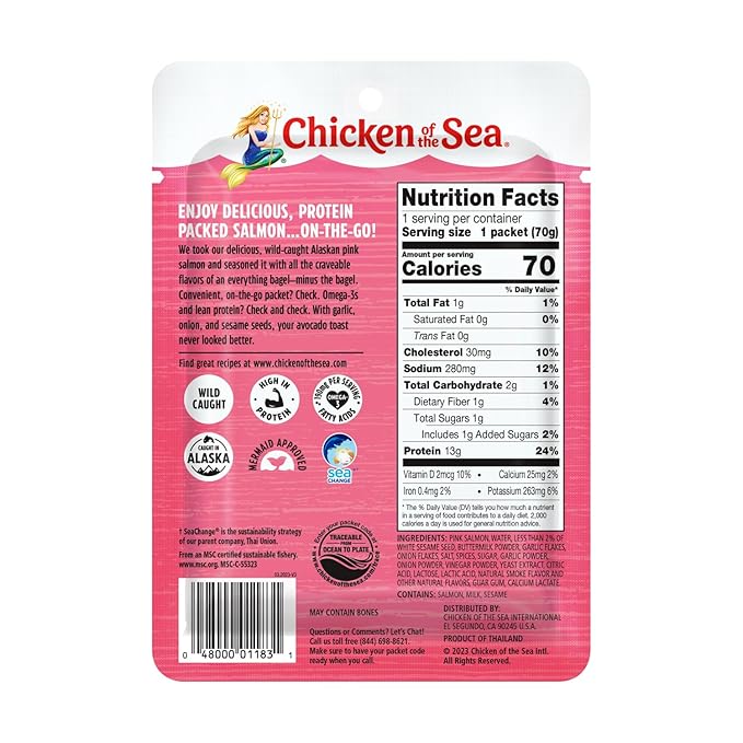 Chicken of the Sea Alaskan Pink Salmon, 2.5 oz. Packets (Box of 12), Wild Caught Salmon, Everything Bagel Seasoning