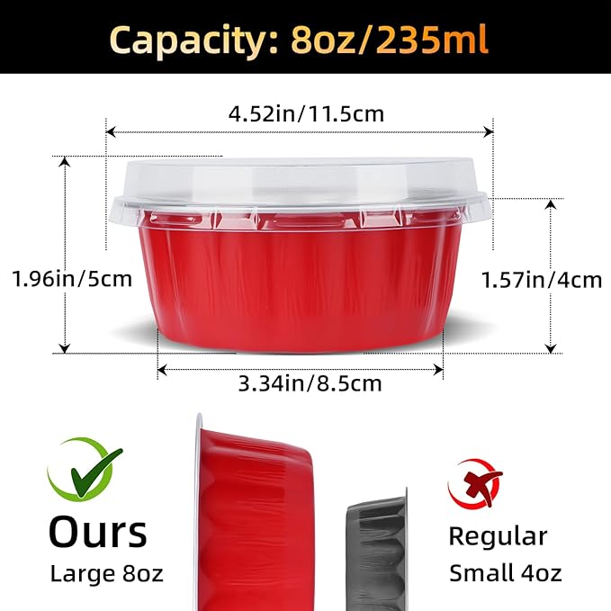 Beasea Disposable Ramekins for Baking, 120 Pack 8 oz 4 Inch with Lids Mini Red Foil Creme Brulee Aluminum Baking Cups Small Round Cupcake Tart Pie Tins Pans Individual Containers Oven Safe