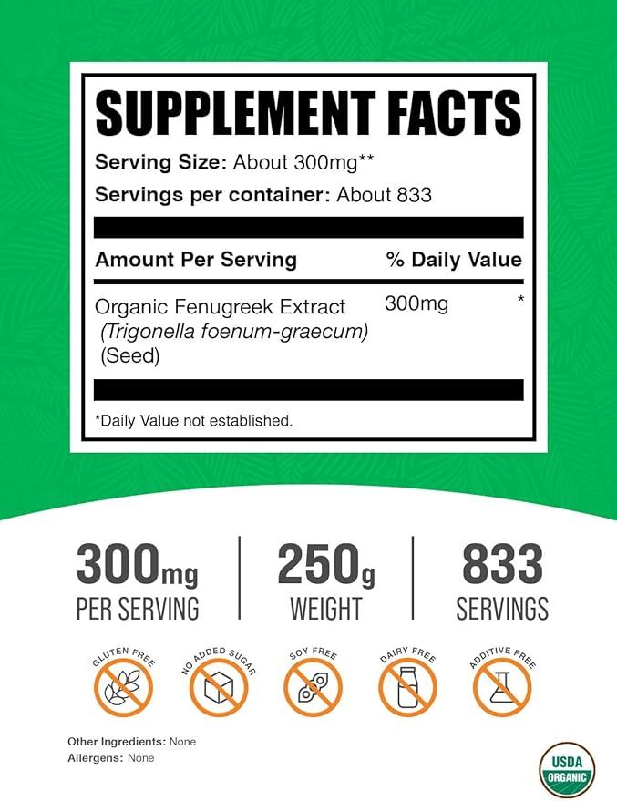BulkSupplements.com Organic Fenugreek Extract Powder - Herbal Supplement, from Fenugreek Seeds - Gluten Free, 300mg per Serving, 250g (8.8 oz) (Pack of 1)
