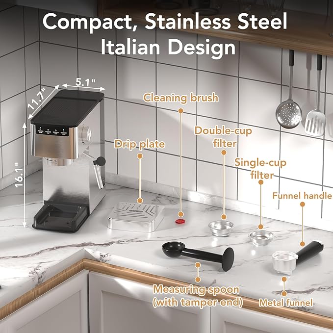 Kndko Espresso Machine 20 Bar, Compact Espresso Coffee Maker with Steam Milk Frother, Stainless Steel Coffee Machine with 40.5oz Removable Water Tank for Espresso, Latte, Cappuccino, Iced Coffee