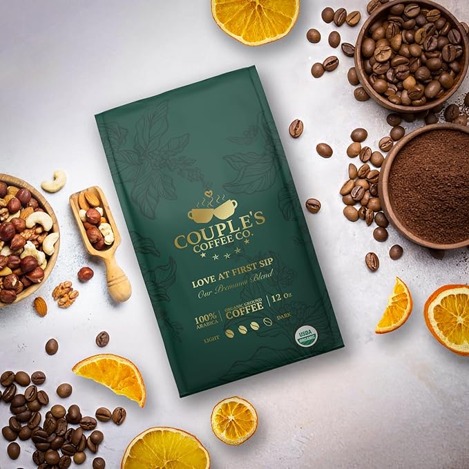 Couple?™s Coffee Ground Coffee | Gives Back to Military Families | Love at First Sip | Free Trade Organic Guatemalan Medium-Dark Roast | Made with 100% Arabica Beans | 12oz bag brews about 34 cups