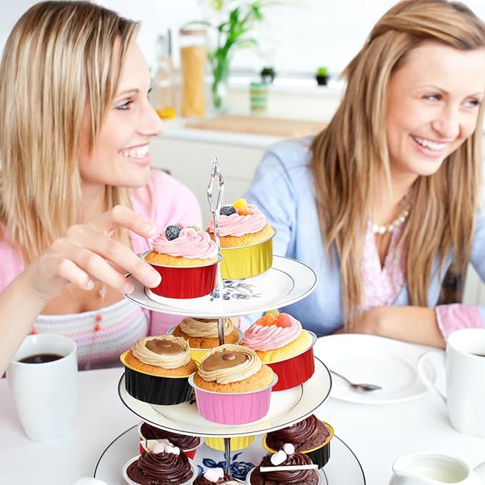 Mini Cake Pans with Lids and Spoons (40 Pack,Mixed,5oz) Round Disposable Ramekins - Sturdy Aluminum Foil Cupcake Liners with Lids for Dessert and Party