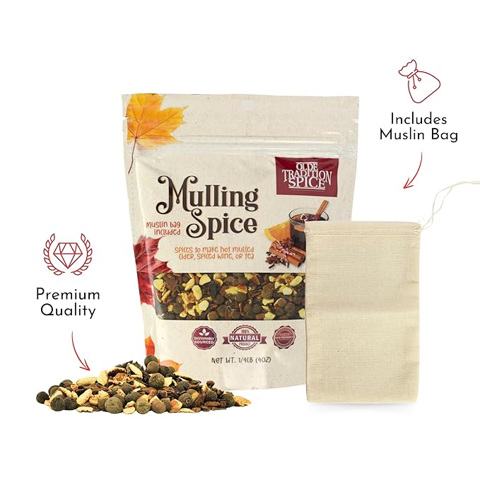 Olde Tradition Mulling Spices for Apple Cider, Mulled Wine Spices Kit, 4oz Traditional Mulled Spice Mix with Muslin Bag for Steeping Stovetop Simmer Pot Hot Toddy Tea Christmas Glühwein Holiday Drink