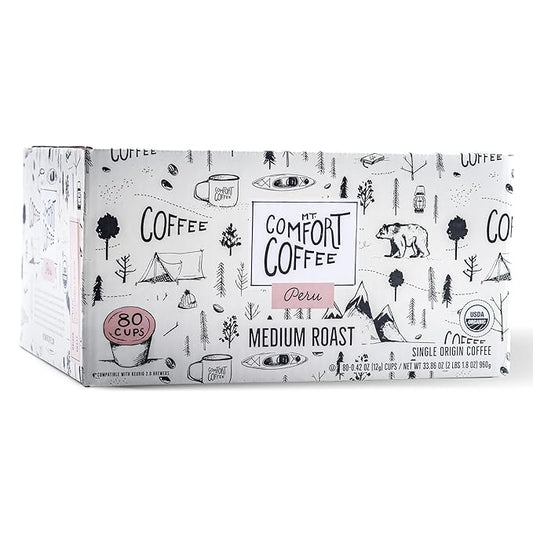 Mt. Comfort Coffee Organic Peru Medium Roast, 80 Count Coffee Pods - K-Cup Compatible Including 2.0 - Roasted Ground Coffee