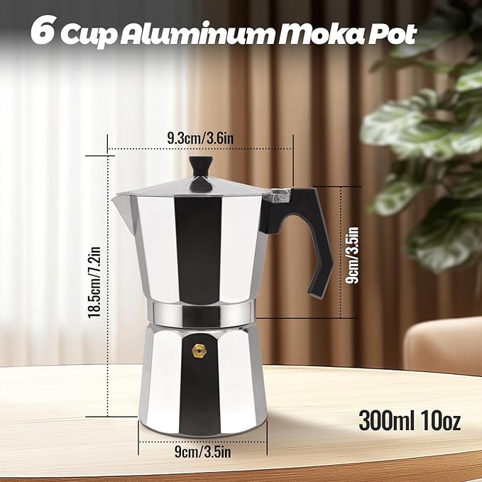 6 Cup Aluminum Moka Pot Classic Stovetop Espresso Coffee Maker 300ml 10oz Coffee maker Percolator Mocha Pot Greca Coffee Maker Cafe Makers for Italian and Cuban Cafì±?Brewing Silver
