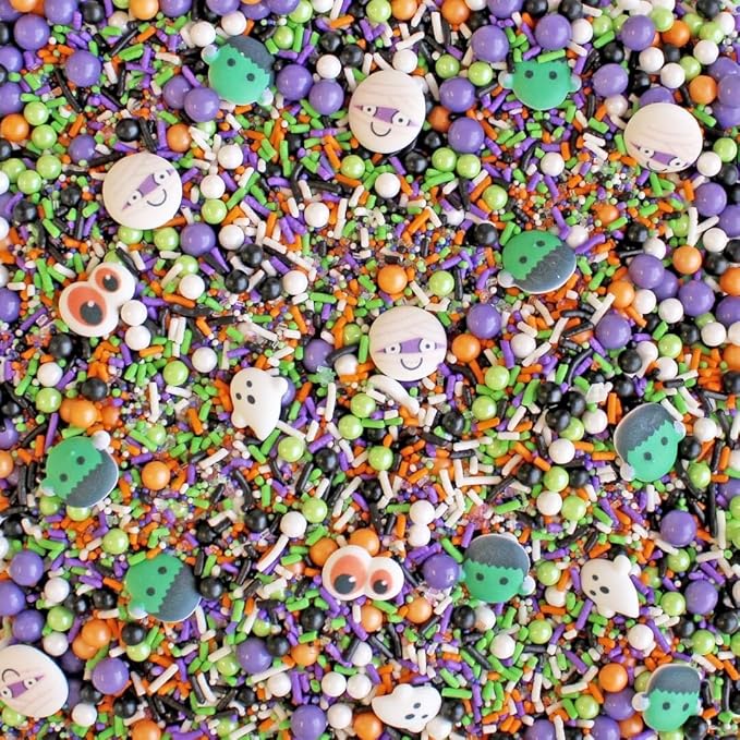 Sprinkle Pop Monster Mashup Sprinkle Mix| Orange Black White Lime Purple Sprinkles| Halloween Sprinkles with ~12 monster, ghosts, creepy eyeballs Made in USA for Decorating Cakes Cookies Cupcakes, 4oz