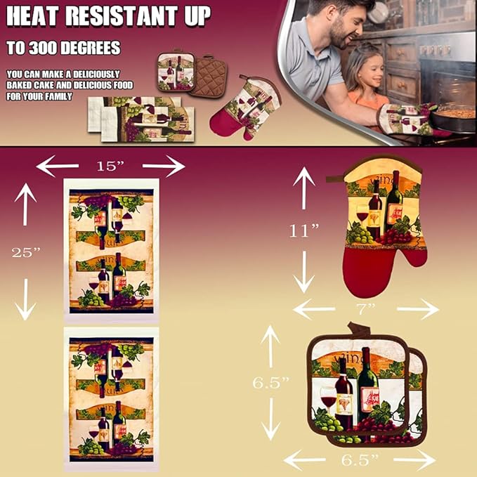 Lobyn Value Packs - Wine Lover?셲 Kitchen Set: 5 Pieces with Grape & Wine Bottle Motif, includes 2 Artistic Dish Towels, Oven Mitt, and 2 Quilted Potholders