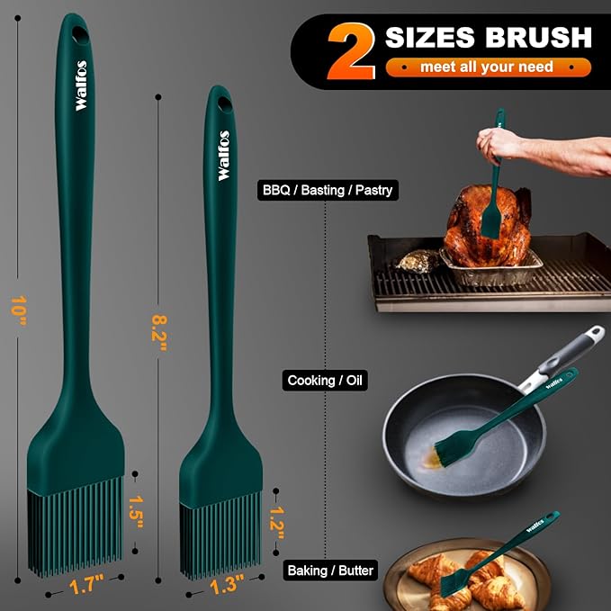 Walfos Silicone Basting Pastry Brush, 2 Size Pastry Brush Set, Perfect for BBQ Grill Kitchen Cooking, BPA Free and Dishwasher Safe, 2 Pcs (Ink Green)