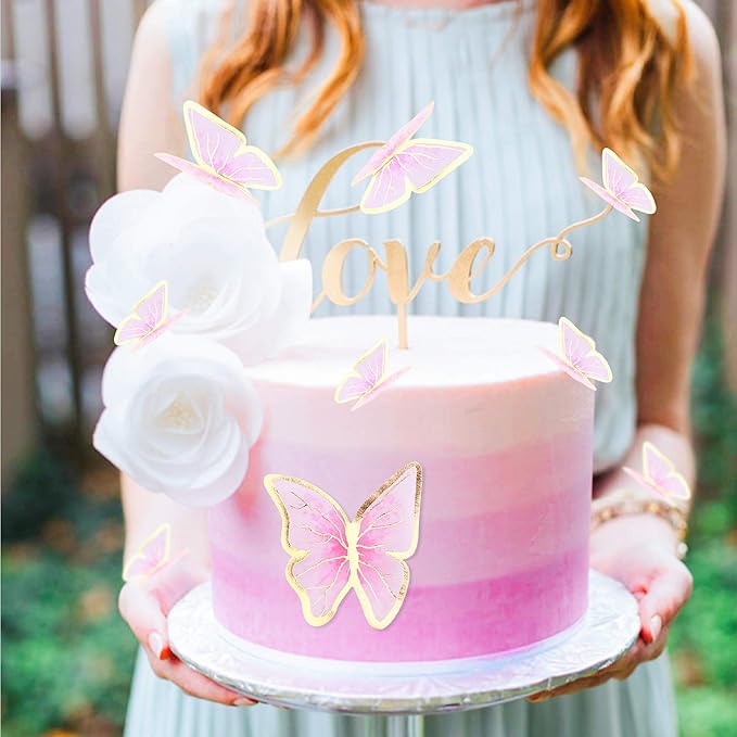 30pcs Red Gold Edge Mixed Size Lively 3D Waterproof Butterfly Cupcake Topper for Girls Women's Happy Birthday Wedding Party Cake Wall Party Food Decorations
