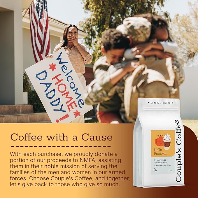 Couple?™s Coffee Ground Coffee | Gives Back to Military Families | Hello Pumpkin | Medium Roast Pumpkin Spice Flavored Coffee | Made with 100% Arabica Beans | 12oz bag brews about 34 cups
