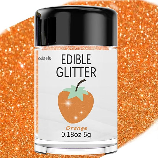 Orange Edible Glitter Glimmer Powder for Cakes Drinks - Colaele 5 grams Food Grade Luster Dust Metallic Food Decorating Sprinkle Disco Brew Dust for Cake Decorations Wine Beverage Candy Dessert, Vegan