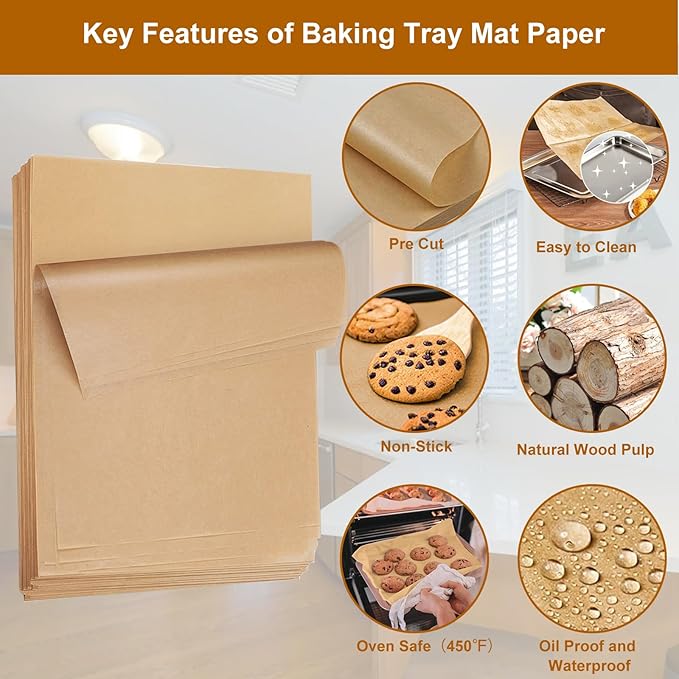 O2frepak Parchment Paper Baking Sheets 300 PCS 12"x16" Pre Cut Non-Stick Baking Tray Mat,Oil Resistant and Waterproof Baking Paper,Fit for Food Baking,Cooking,Grilling,Air Fryer and Steaming