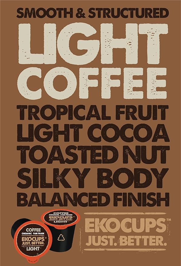 EKOCUPS Organic Light Roast Coffee, Extra 30% More Per Cup, Artisan Fair Trade Gourmet Coffee, Light Roast for Keurig K Cup Machines, Recyclable Pods, 80 Count