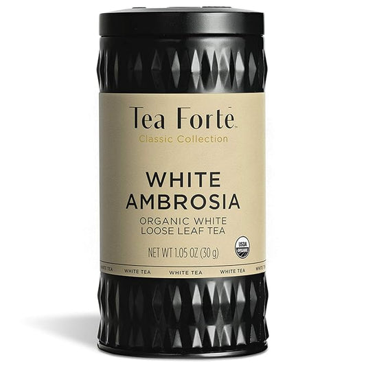 Tea Forte White Ambrosia Premium Organic Loose Leaf Caffeinated White Tea Blend Canister, Makes 35-50 Cups