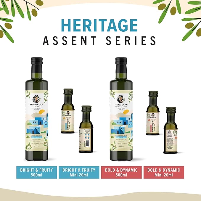 MOROCCAN OLIVE GROVE - Bright & Fruity - Premium Desert Extra Virgin Cold Extracted Olive Oil, 100% Single Origin from Morocco, Polyphenols Rich - 16.9 Fl oz (500ml) (50 Pack Travel Size - 20ml)