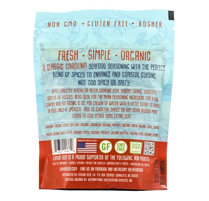 Flavor Seed Tidewater Organic Seafood Seasoning, All Purpose Fish Seasoning for Shrimp, Crab Meat, Lobster and Seafood Boils with Vegetables. Sugar Free, Vegan & Keto Friendly, Resealable 5 oz Pouch