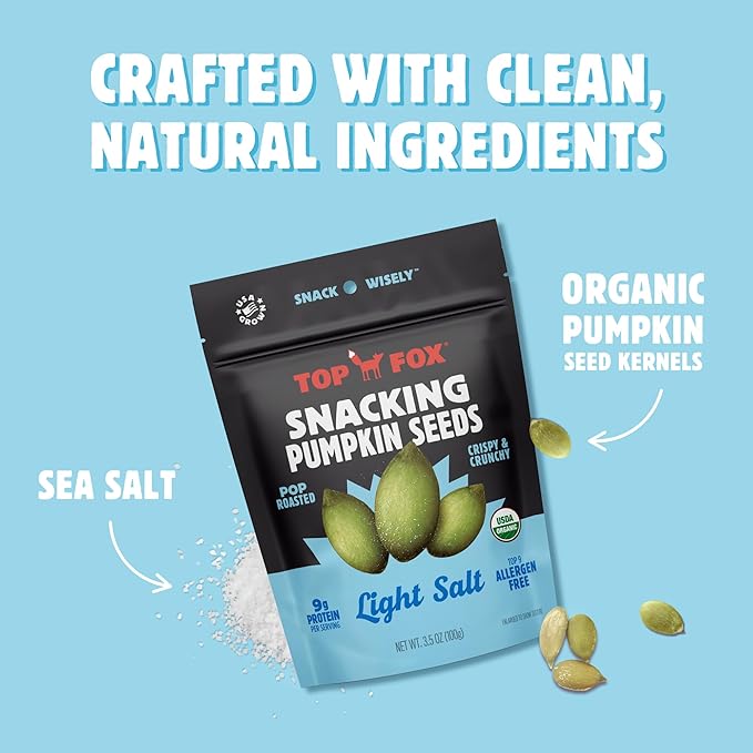 Top Fox Snacks Pumpkin Seeds to Eat (Light Salt, 3.5 oz – 6 Pack) - Gluten Free Snacks, Healthy Protein Snacks, Keto Friendly Snacks, Allergen Free Snacks, Paleo & Vegan - Organic Pop-Roasted