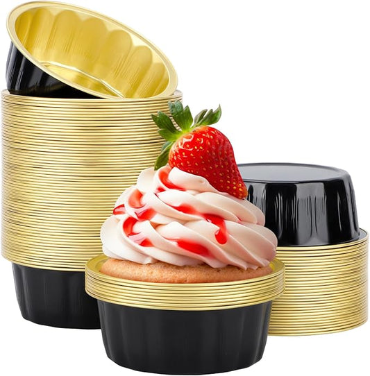 Beasea Disposable Baking Ramekins, 8 oz 100 Pack 3.9" 235ml Aluminum Foil Cups Bake Utility Ramekin Cup Souffle Cup Muffin Cupcake Baking Cup Mini Pudding Cups for Party Wedding Birthday - Black Gold